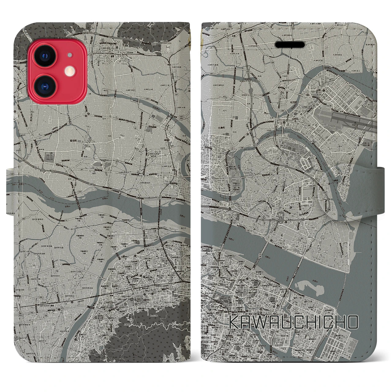 【川内町】地図柄iPhoneケース（手帳両面タイプ・モノトーン）iPhone 11 用