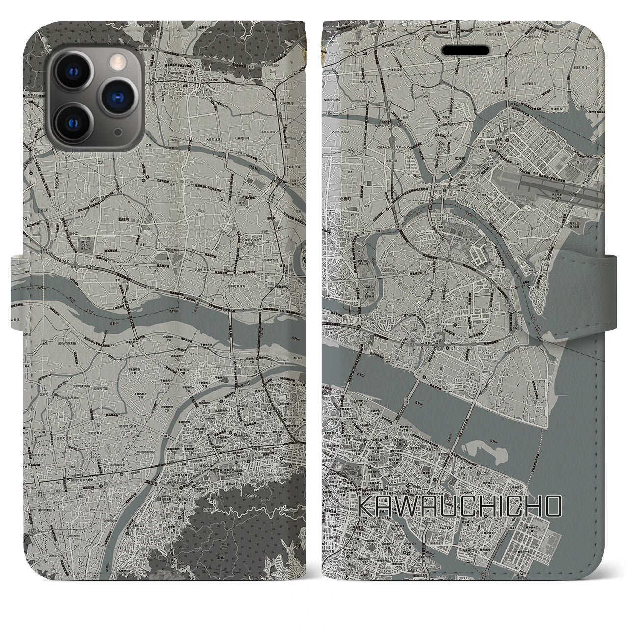 【川内町】地図柄iPhoneケース（手帳両面タイプ・モノトーン）iPhone 11 Pro Max 用