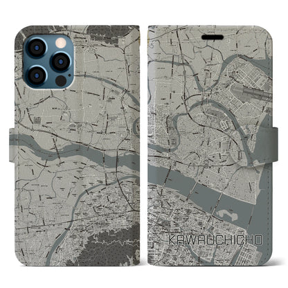 【川内町（徳島県）】地図柄iPhoneケース（手帳タイプ）モノトーン・iPhone 12 / 12 Pro 用