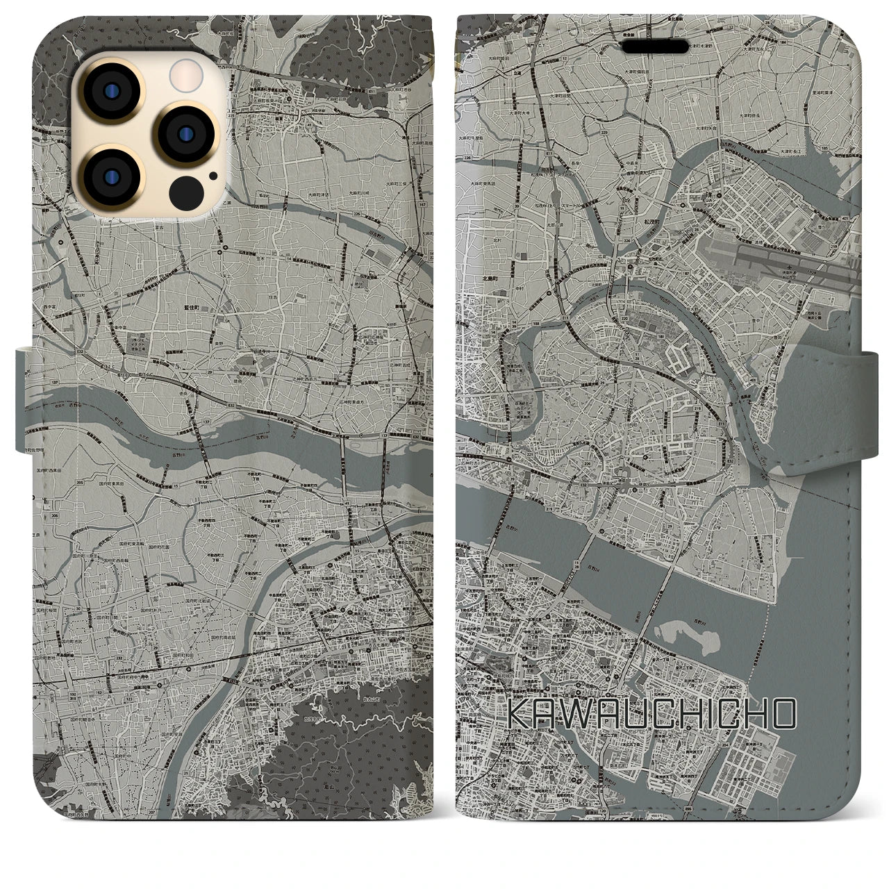 【川内町】地図柄iPhoneケース（手帳両面タイプ・モノトーン）iPhone 12 Pro Max 用