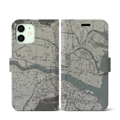 【川内町（徳島県）】地図柄iPhoneケース（手帳タイプ）モノトーン・iPhone 12 mini 用