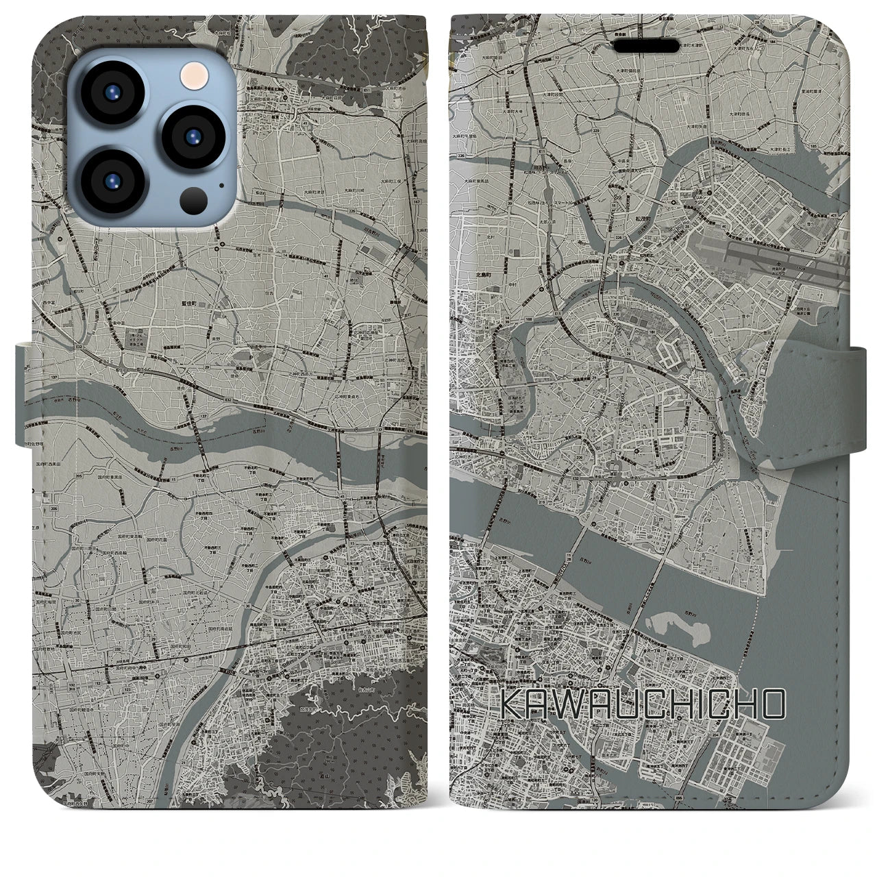 【川内町】地図柄iPhoneケース（手帳両面タイプ・モノトーン）iPhone 13 Pro Max 用