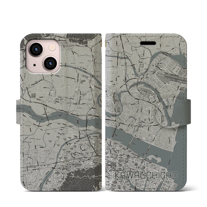 【川内町（徳島県）】地図柄iPhoneケース（手帳タイプ）モノトーン・iPhone 13 mini 用