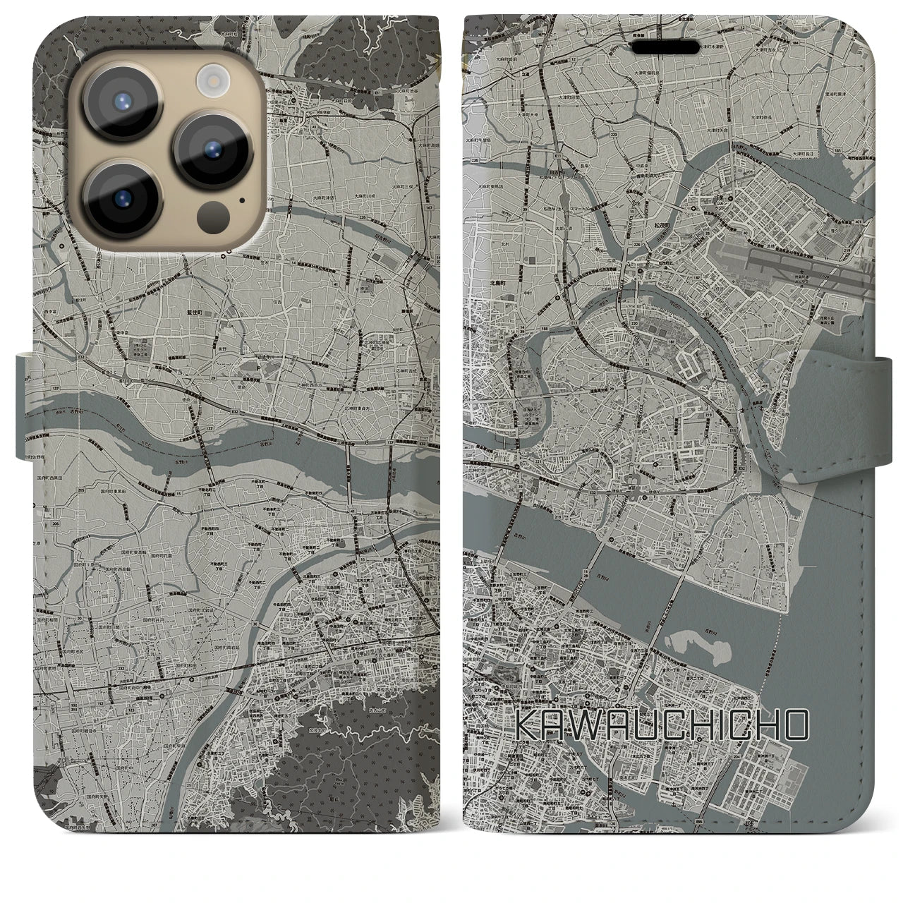 【川内町】地図柄iPhoneケース（手帳両面タイプ・モノトーン）iPhone 14 Pro Max 用