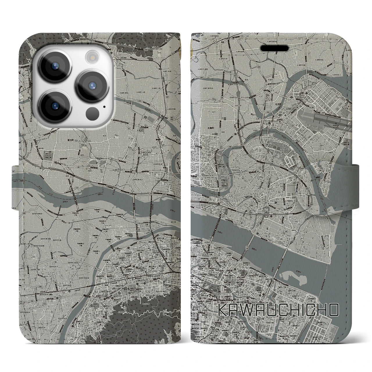 【川内町】地図柄iPhoneケース（手帳両面タイプ・モノトーン）iPhone 14 Pro 用