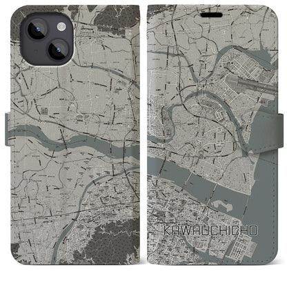 【川内町（徳島県）】地図柄iPhoneケース（手帳タイプ）モノトーン・iPhone 14 Plus 用