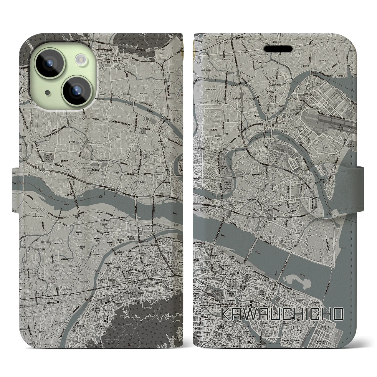 【川内町】地図柄iPhoneケース（手帳両面タイプ・モノトーン）iPhone 15 用