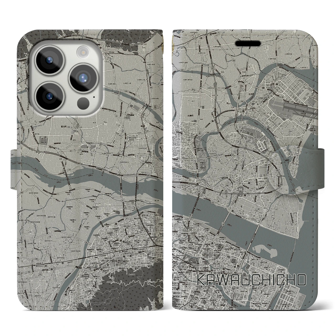 【川内町】地図柄iPhoneケース（手帳両面タイプ・モノトーン）iPhone 15 Pro 用