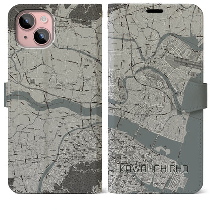 【川内町（徳島県）】地図柄iPhoneケース（手帳タイプ）モノトーン・iPhone 15 Plus 用