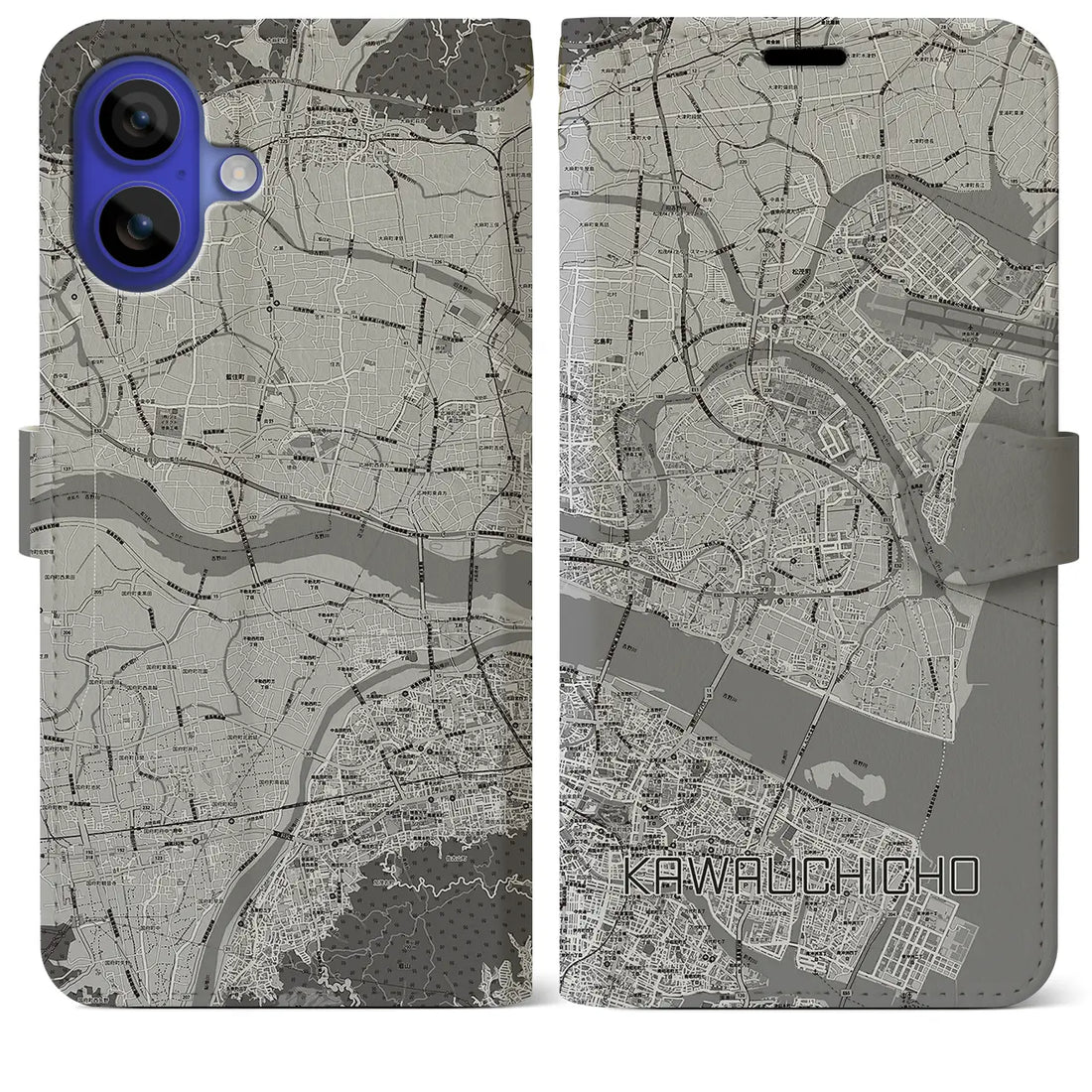 【川内町(徳島県)】地図柄iPhoneケース(手帳タイプ)モノトーン・iPhone 16 Pro Max 用