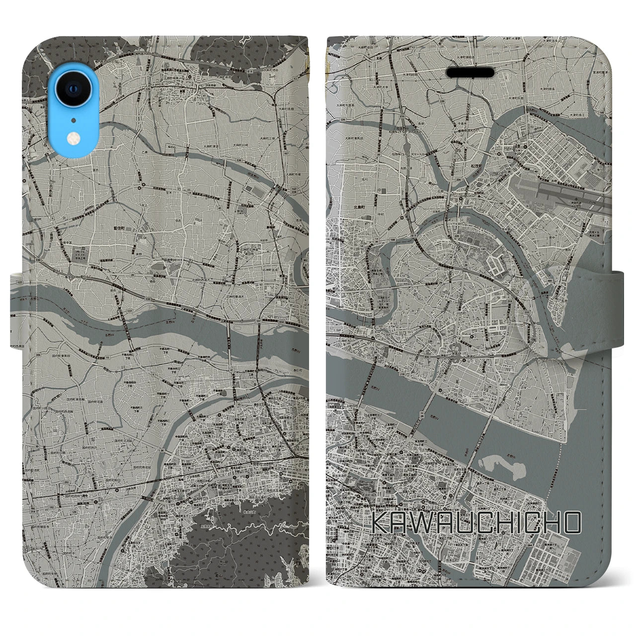 【川内町】地図柄iPhoneケース（手帳両面タイプ・モノトーン）iPhone XR 用