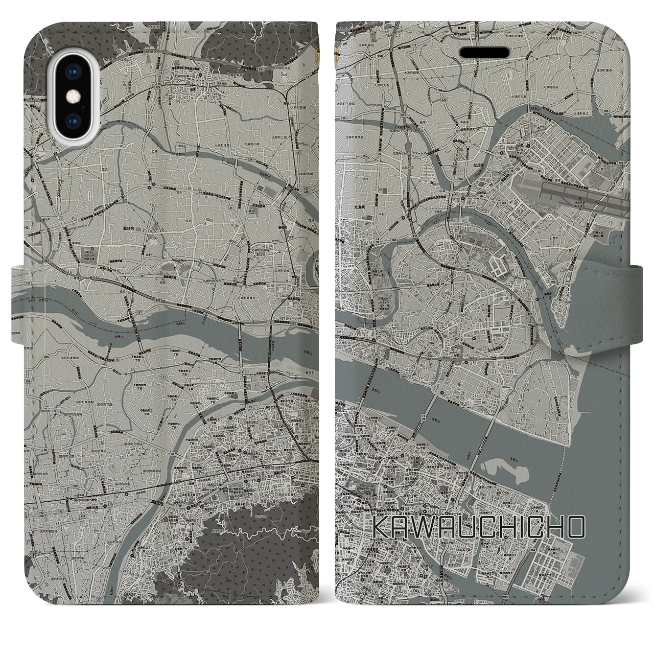 【川内町】地図柄iPhoneケース（手帳両面タイプ・モノトーン）iPhone XS Max 用
