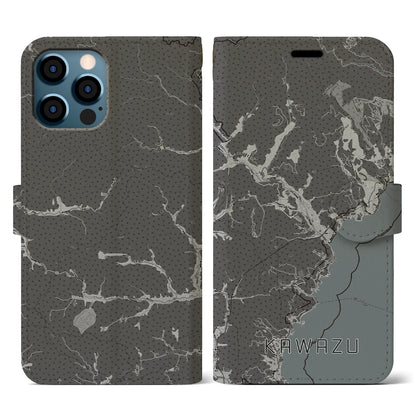 【河津（静岡県）】地図柄iPhoneケース（手帳タイプ）モノトーン・iPhone 12 / 12 Pro 用