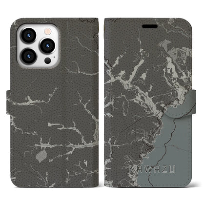 【河津（静岡県）】地図柄iPhoneケース（手帳タイプ）モノトーン・iPhone 13 Pro 用