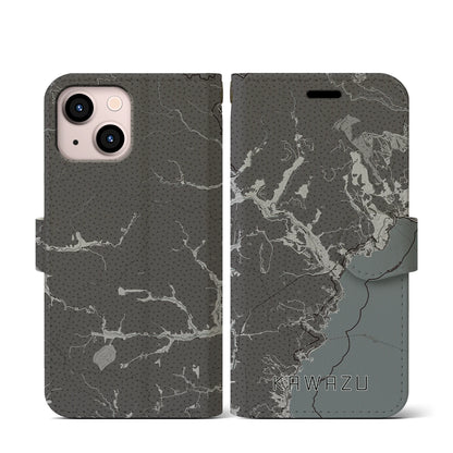 【河津（静岡県）】地図柄iPhoneケース（手帳タイプ）モノトーン・iPhone 13 mini 用