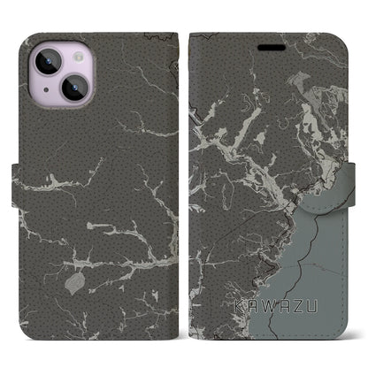 【河津（静岡県）】地図柄iPhoneケース（手帳タイプ）モノトーン・iPhone 14 用