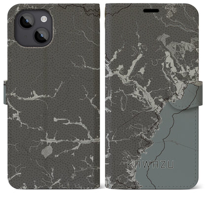 【河津（静岡県）】地図柄iPhoneケース（手帳タイプ）モノトーン・iPhone 14 Plus 用