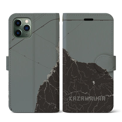 【風間浦（青森県）】地図柄iPhoneケース（手帳タイプ）モノトーン・iPhone 11 Pro 用