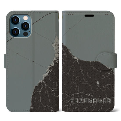 【風間浦（青森県）】地図柄iPhoneケース（手帳タイプ）モノトーン・iPhone 12 / 12 Pro 用