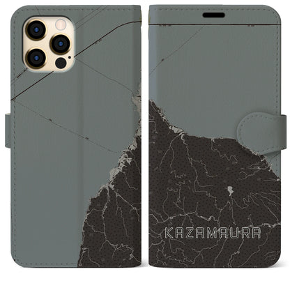 【風間浦（青森県）】地図柄iPhoneケース（手帳タイプ）モノトーン・iPhone 12 Pro Max 用