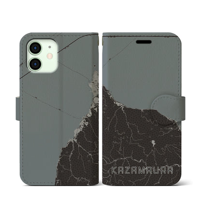 【風間浦（青森県）】地図柄iPhoneケース（手帳タイプ）モノトーン・iPhone 12 mini 用