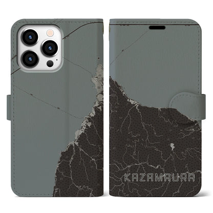 【風間浦（青森県）】地図柄iPhoneケース（手帳タイプ）モノトーン・iPhone 13 Pro 用