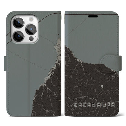 【風間浦（青森県）】地図柄iPhoneケース（手帳タイプ）モノトーン・iPhone 14 Pro 用