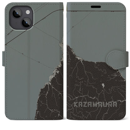 【風間浦（青森県）】地図柄iPhoneケース（手帳タイプ）モノトーン・iPhone 14 Plus 用