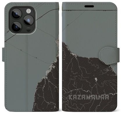 【風間浦（青森県）】地図柄iPhoneケース（手帳タイプ）モノトーン・iPhone 15 Pro Max 用