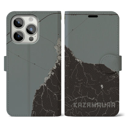 【風間浦（青森県）】地図柄iPhoneケース（手帳タイプ）モノトーン・iPhone 15 Pro 用