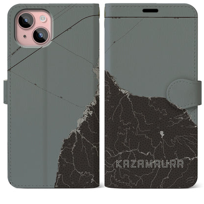 【風間浦（青森県）】地図柄iPhoneケース（手帳タイプ）モノトーン・iPhone 15 Plus 用