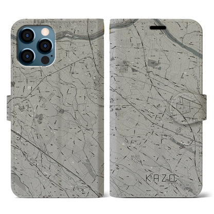 【加須（埼玉県）】地図柄iPhoneケース（手帳タイプ）モノトーン・iPhone 12 / 12 Pro 用