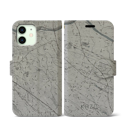 【加須（埼玉県）】地図柄iPhoneケース（手帳タイプ）モノトーン・iPhone 12 mini 用
