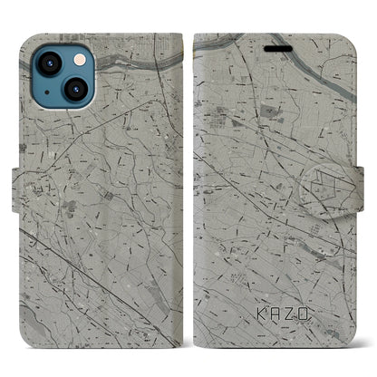 【加須（埼玉県）】地図柄iPhoneケース（手帳タイプ）モノトーン・iPhone 13 用