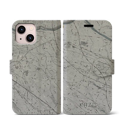 【加須（埼玉県）】地図柄iPhoneケース（手帳タイプ）モノトーン・iPhone 13 mini 用