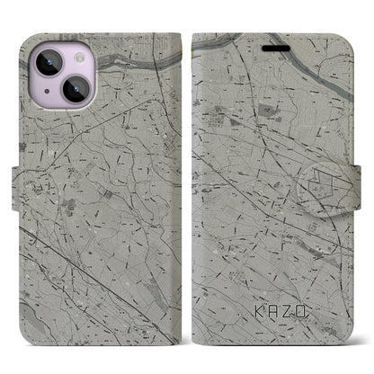 【加須（埼玉県）】地図柄iPhoneケース（手帳タイプ）モノトーン・iPhone 14 用