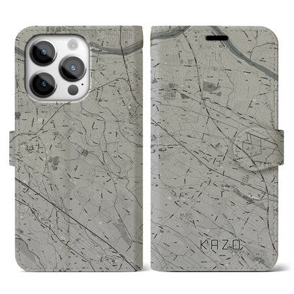 【加須（埼玉県）】地図柄iPhoneケース（手帳タイプ）モノトーン・iPhone 14 Pro 用