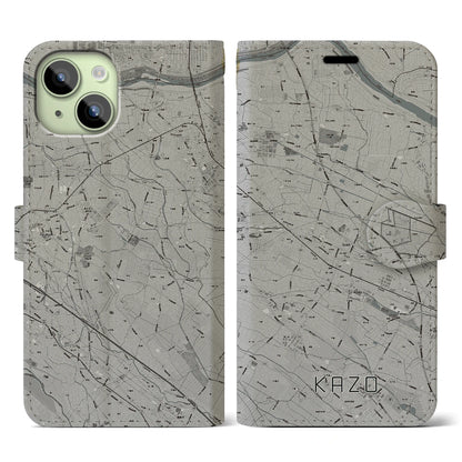 【加須（埼玉県）】地図柄iPhoneケース（手帳タイプ）モノトーン・iPhone 15 用