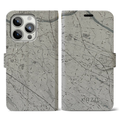 【加須（埼玉県）】地図柄iPhoneケース（手帳タイプ）モノトーン・iPhone 15 Pro 用