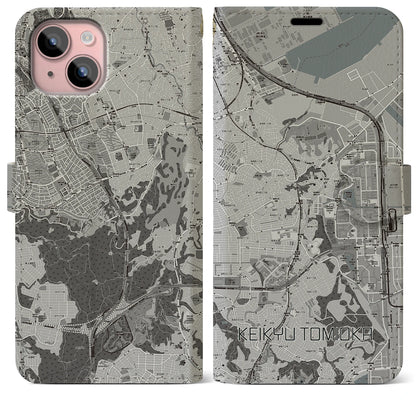 【京急富岡（神奈川県）】地図柄iPhoneケース（手帳タイプ）モノトーン・iPhone 15 Plus 用