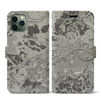 【京王堀之内（東京都）】地図柄iPhoneケース（手帳タイプ）モノトーン・iPhone 11 Pro 用