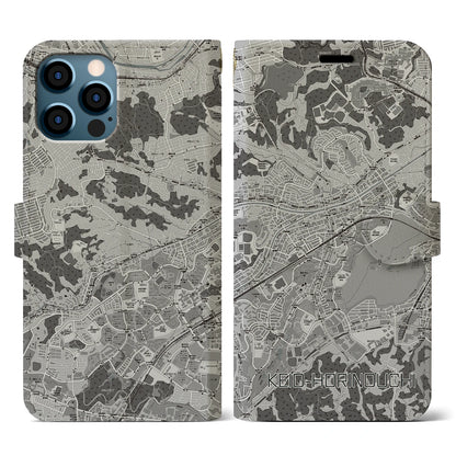 【京王堀之内（東京都）】地図柄iPhoneケース（手帳タイプ）モノトーン・iPhone 12 / 12 Pro 用