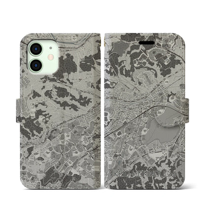 【京王堀之内（東京都）】地図柄iPhoneケース（手帳タイプ）モノトーン・iPhone 12 mini 用