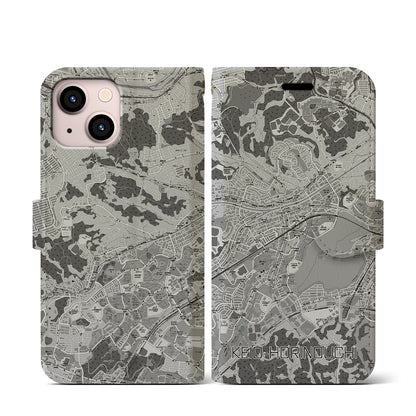 【京王堀之内（東京都）】地図柄iPhoneケース（手帳タイプ）モノトーン・iPhone 13 mini 用