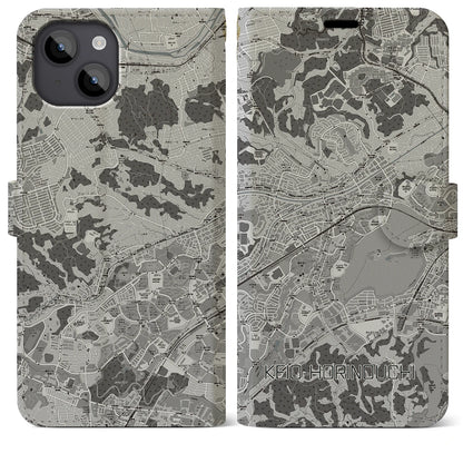 【京王堀之内（東京都）】地図柄iPhoneケース（手帳タイプ）モノトーン・iPhone 14 Plus 用