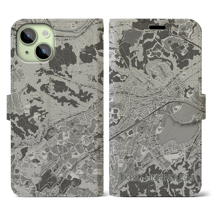 【京王堀之内（東京都）】地図柄iPhoneケース（手帳タイプ）モノトーン・iPhone 15 用