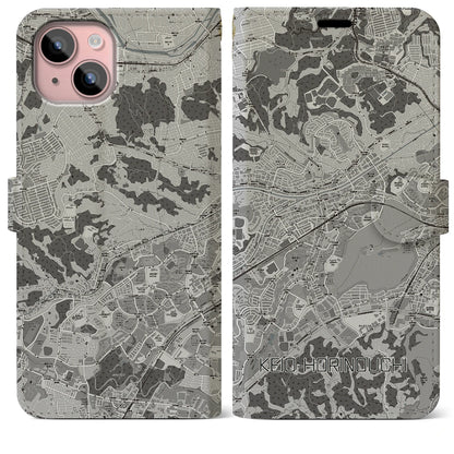 【京王堀之内（東京都）】地図柄iPhoneケース（手帳タイプ）モノトーン・iPhone 15 Plus 用