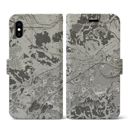 【京王堀之内（東京都）】地図柄iPhoneケース（手帳タイプ）モノトーン・iPhone XS / X 用