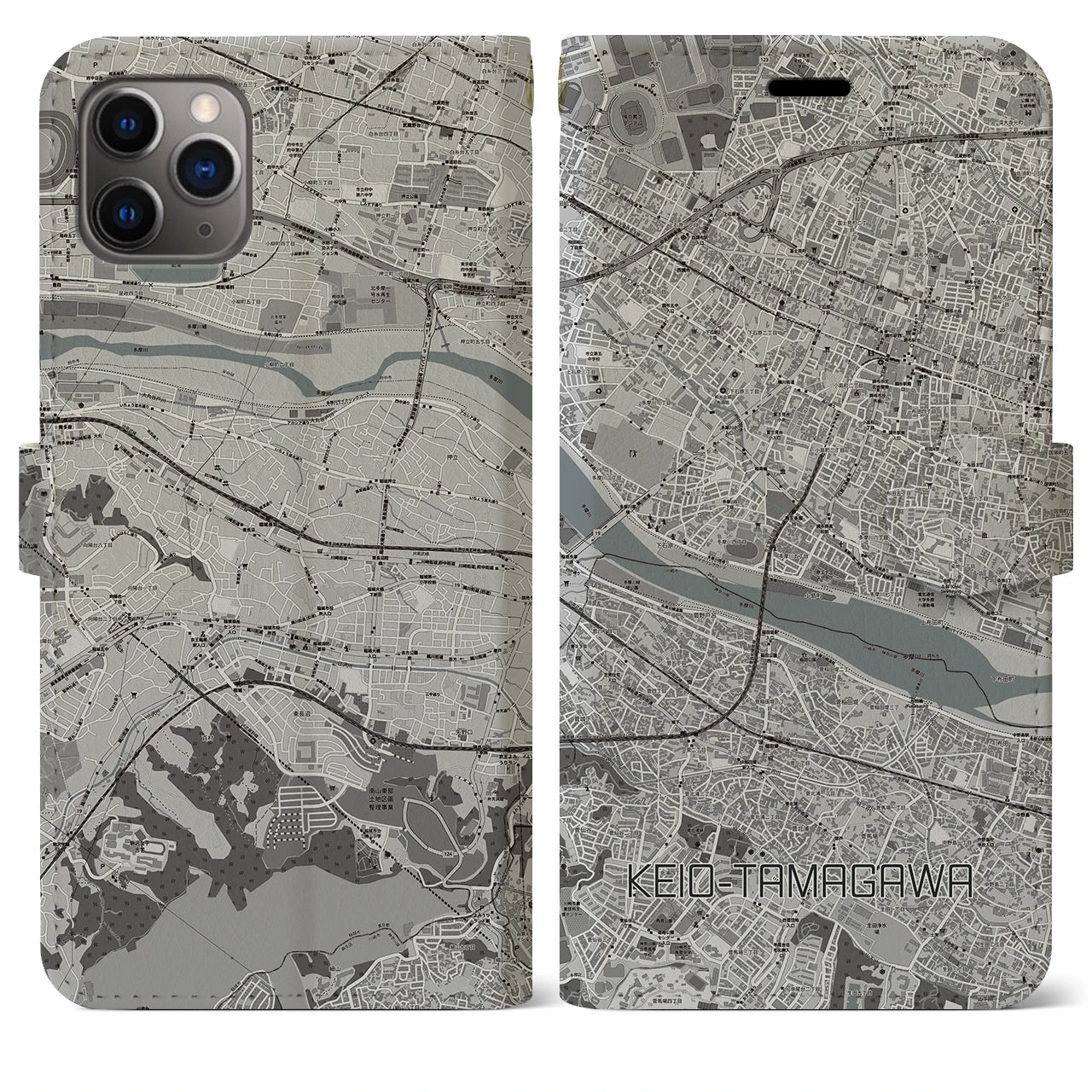 【京王多摩川】地図柄iPhoneケース（手帳両面タイプ・モノトーン）iPhone 11 Pro Max 用