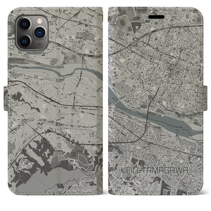 【京王多摩川（東京都）】地図柄iPhoneケース（手帳タイプ）モノトーン・iPhone 11 Pro Max 用